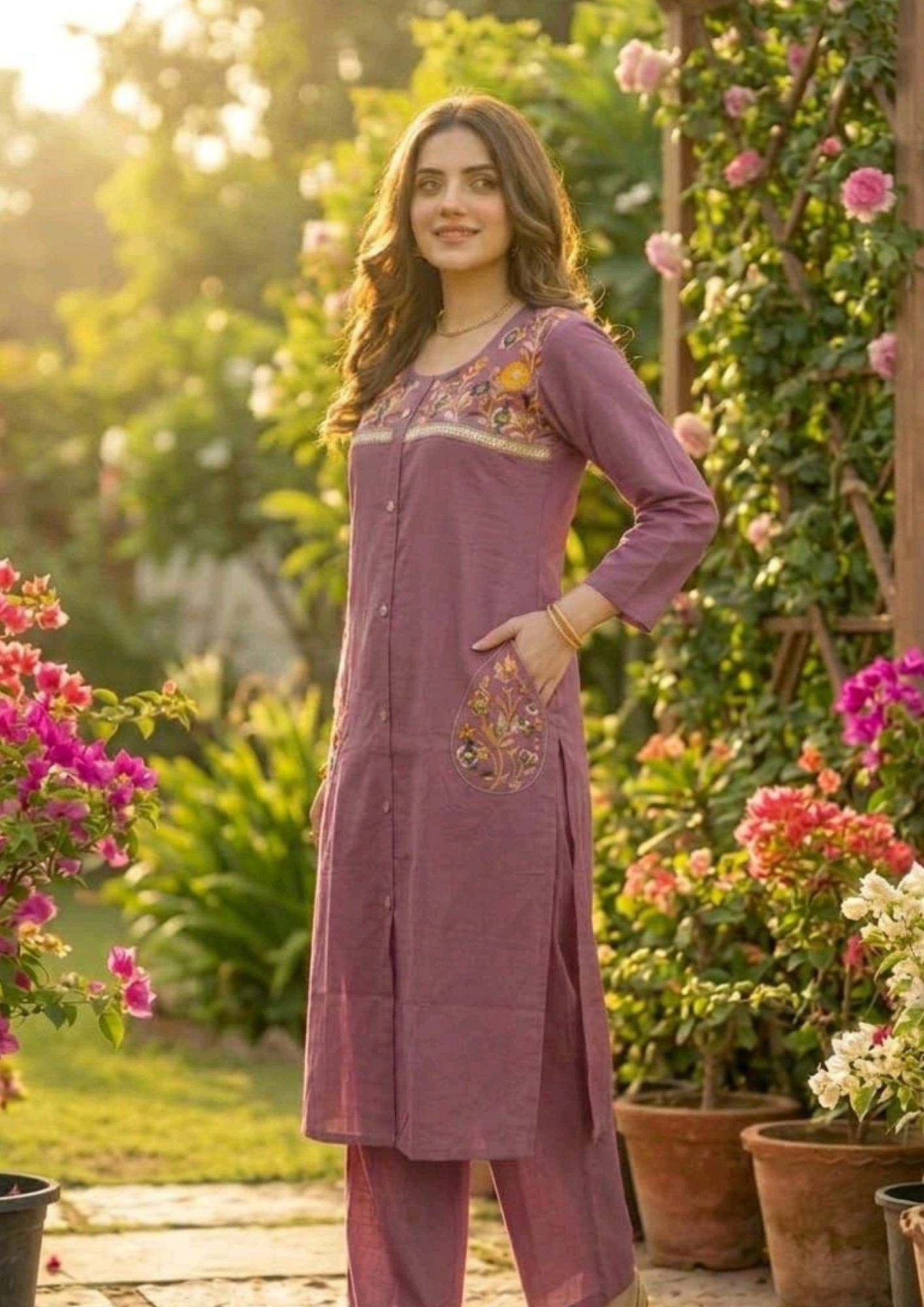 Women’s Embroidered Cotton Kurta Set with Pocket